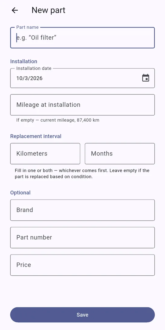 Adding a part manually