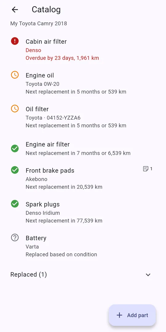 Parts catalog with statuses