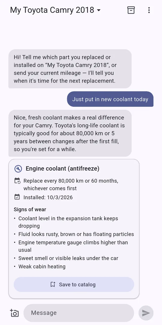 Chat: the assistant identified the coolant and its replacement interval